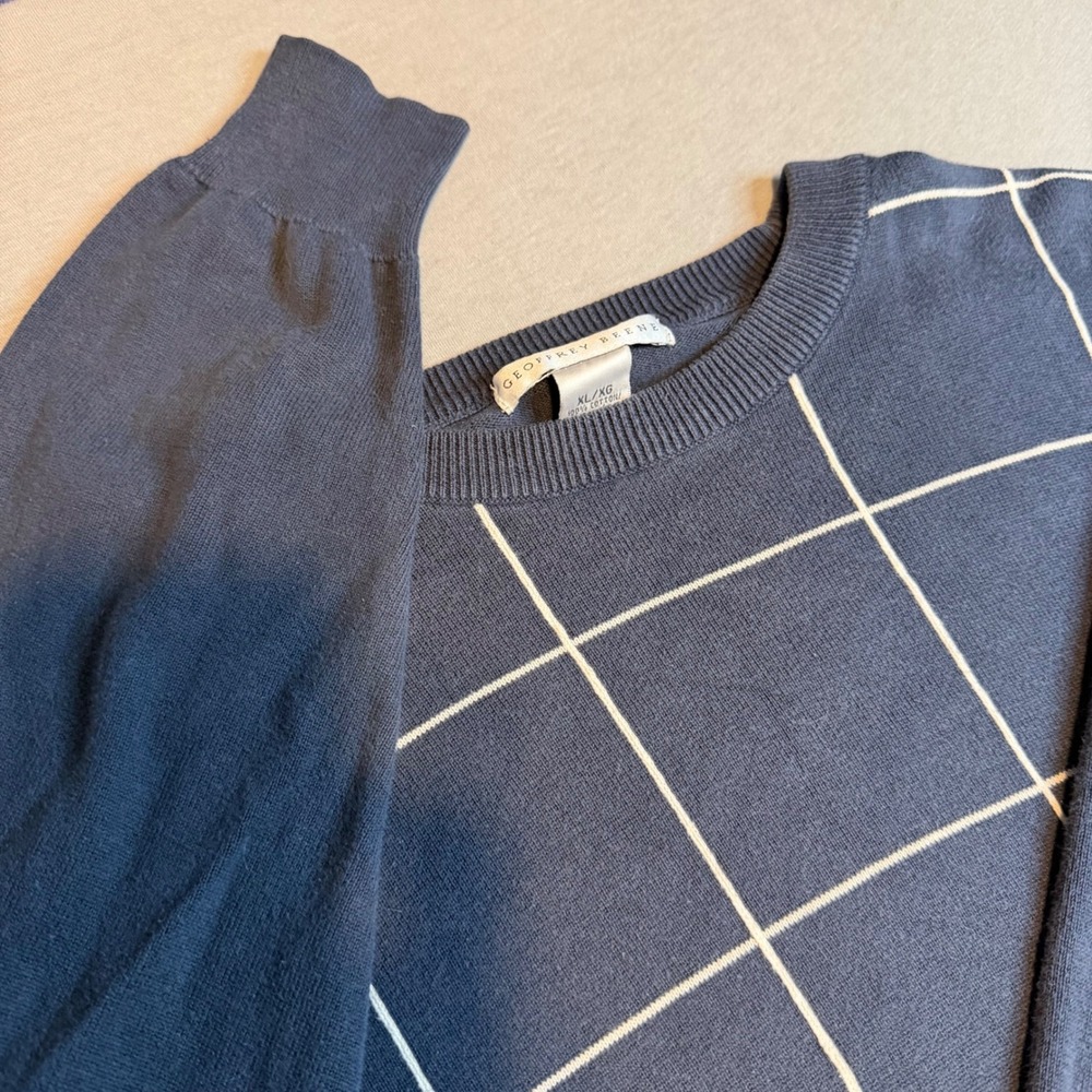 Geoffrey Beene Mens XL Blue vtg Window Grid 100% Cotton Crewneck Sweater Navy